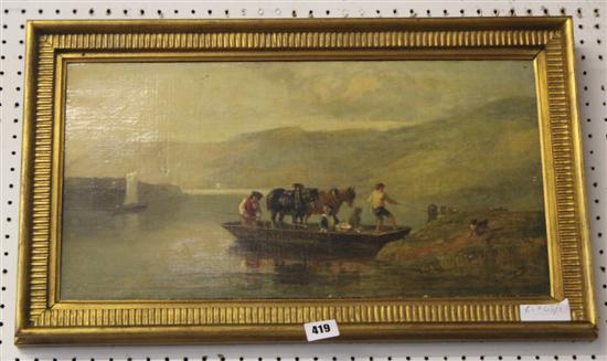 G Dodgson oil - figures and horses on lake